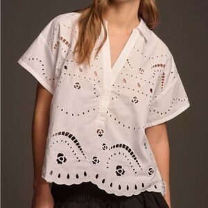 Anthropologie Short-Sleeve Boxy Eyelet Popover Blouse
